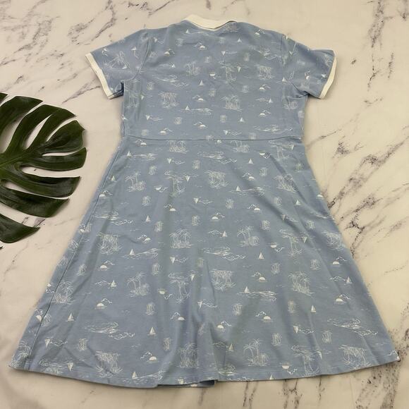 Lands End Womens Polo Shirt Dress Size L Pastel Blue White Tropical Palms Beach - Picture 7 of 10